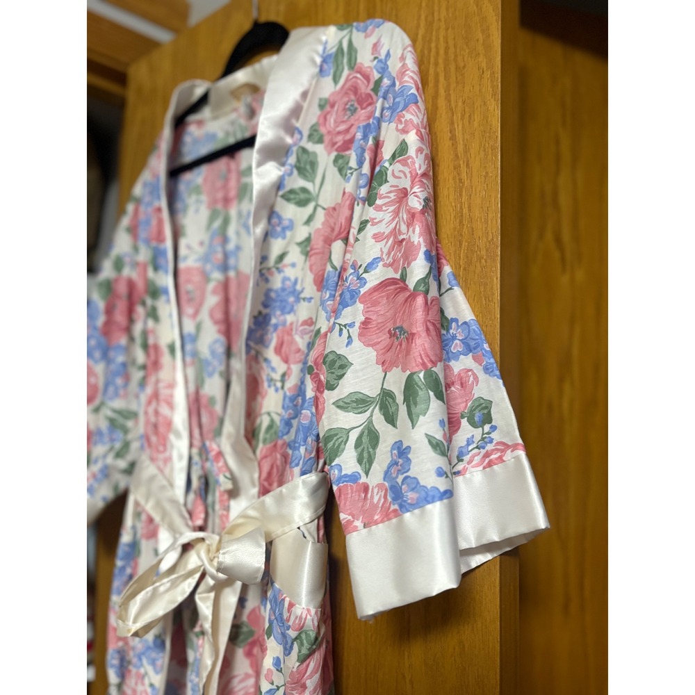 Vintage Floral Robe Satin Trimmed Loungewear Belted Pockets Women's Large L - Picture 4 of 11
